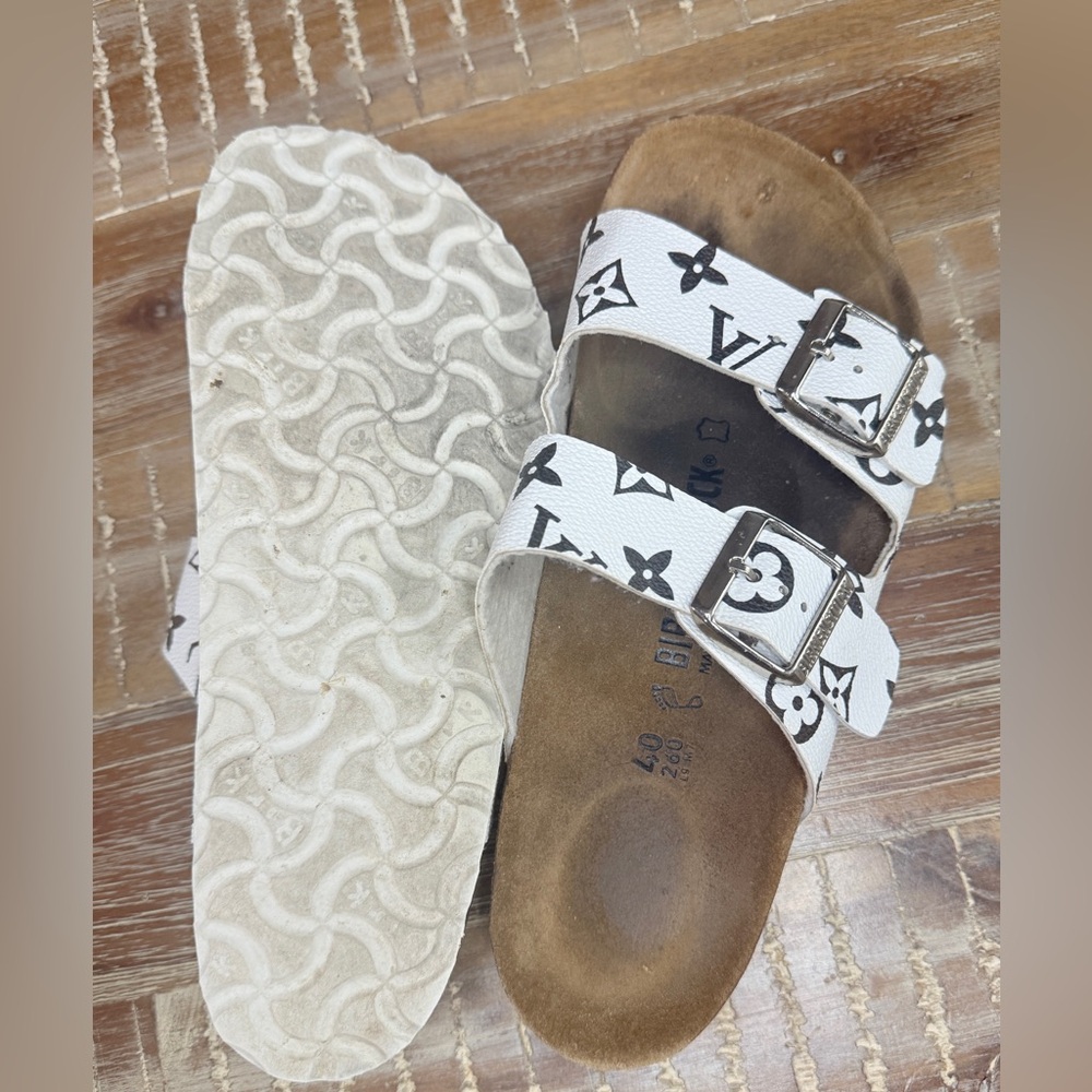 Birkenstock Custom White and Black Patterned Two-Strap Sandals - Picture 7 of 8